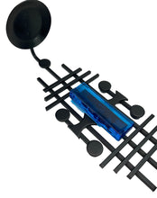 Load image into Gallery viewer, Black and blue geometric design on a white background. Dantoft Danish Mid-Century Brutalist Candle Holder. Black Iron &amp; Blue Glass, 1960s.
