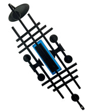 Load image into Gallery viewer, Abstract black and blue geometric design on a white background.
Dantoft Danish Mid-Century Brutalist Candle Holder. Black Iron &amp; Blue Glass, 1960s.
