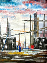 Load image into Gallery viewer, &quot;City Chaos&quot; Original Oil Painting – Dark Tones w/ Red &amp; Blue – Retro Gold Frame – Danish Unidentified Artist – Boho Vintage Wall Art
